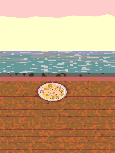 An ink and wash drawing of a plate of golden puffs on a red laterite ledge, with a grey-green sea, whitecaps and dark rocks behind it.